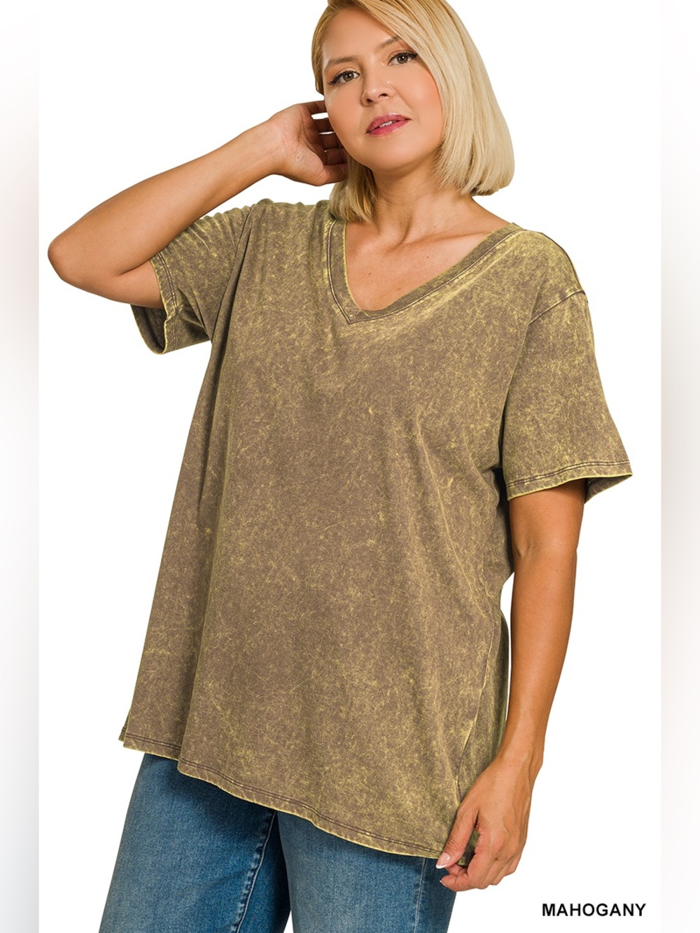 Zenana WASHED SHORT SLEEVE V-NECK TOP